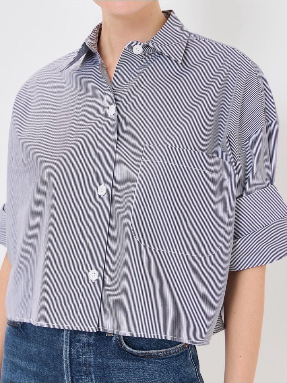 TWP Next Ex Striped Button-Down Crop Shirt - Midnight Blue/White